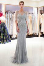 Chic Long Mermaid Jewel Tulle Beading Prom Dress with Sleeves