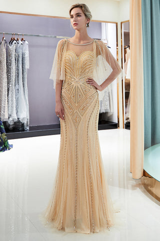 Robe de bal longue sirène chic en tulle ornée de perles et de bijoux, avec manches