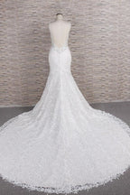 Robe de mariée sirène longue chic à bretelles spaghetti et appliques en dentelle, décolleté cœur
