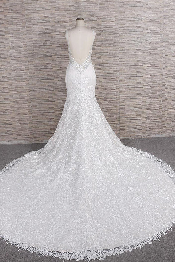 Robe de mariée sirène longue chic à bretelles spaghetti et appliques en dentelle, décolleté cœur