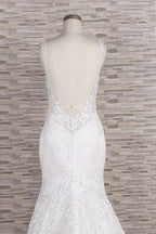 Robe de mariée sirène longue chic à bretelles spaghetti et appliques en dentelle, décolleté cœur
