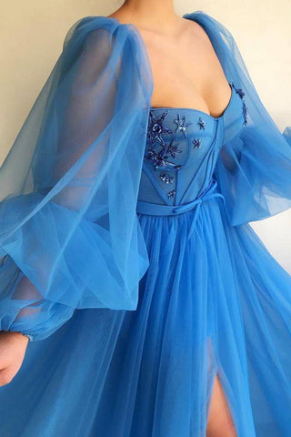 Chic Long Sleeves Sweetheart See Through Bodice Party Dresses Front Slit Blue Long Prom Dresses