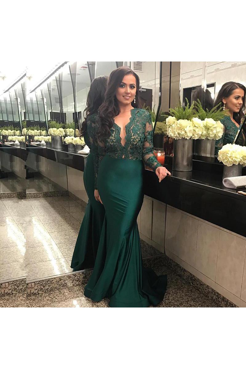 Chic Long Sleevess Lace Formal DressesMermaid Green Women's Party Dress