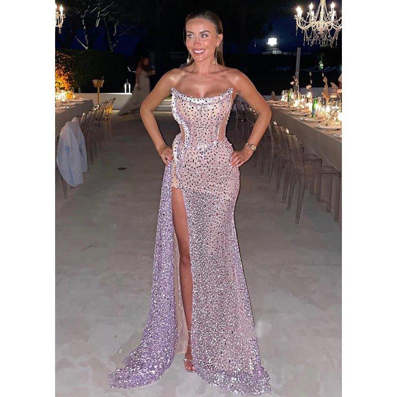 Robe de soirée longue transparente, bustier, perlée, chic et luxueuse 