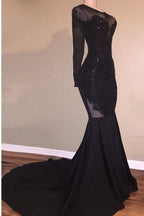 Chic Mermaid Black Long Sleeves Backless Appliques Formal Dresses