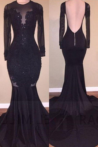 Vestidos formales de sirena elegantes, negros, de manga larga, espalda descubierta y apliques