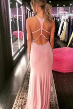 Chic Mermaid Halter Long Prom Dresses with Crystal