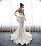 Robe de mariée sirène chic en dentelle à manches longues et traîne amovible