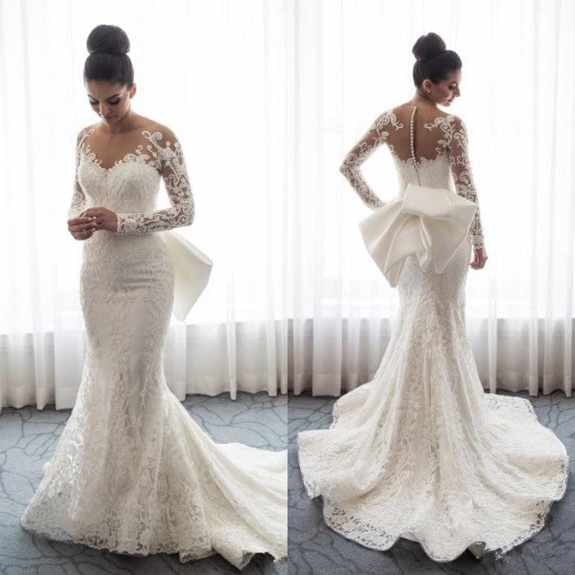 Robe de mariée sirène chic en dentelle à manches longues et traîne amovible