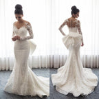 Robe de mariée sirène chic en dentelle à manches longues et traîne amovible