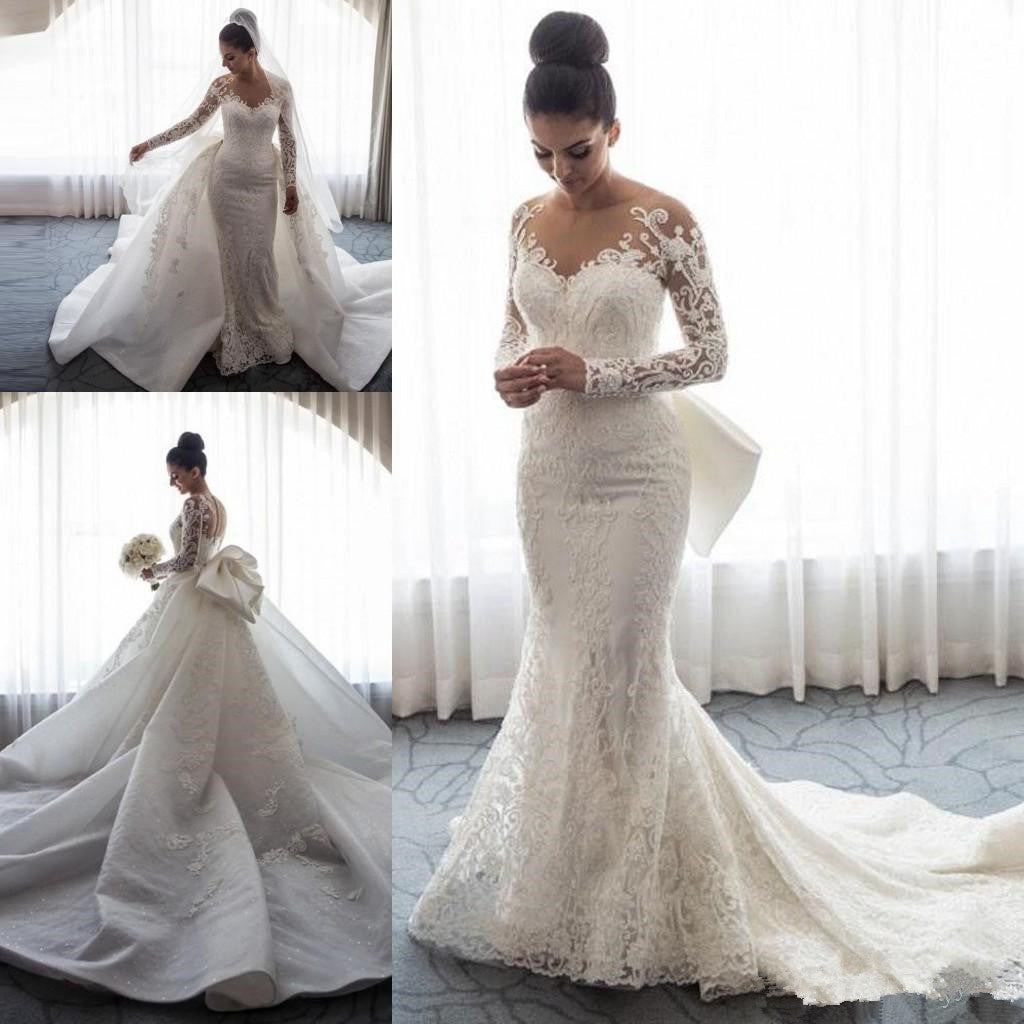 Robe de mariée sirène chic en dentelle à manches longues et traîne amovible