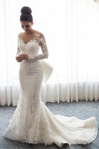 Robe de mariée sirène chic en dentelle à manches longues et traîne amovible