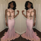 Chic Mermaid Pink High-Neck Prom Dresses Long Sleeves Appliques Evening Gowns with Beadings