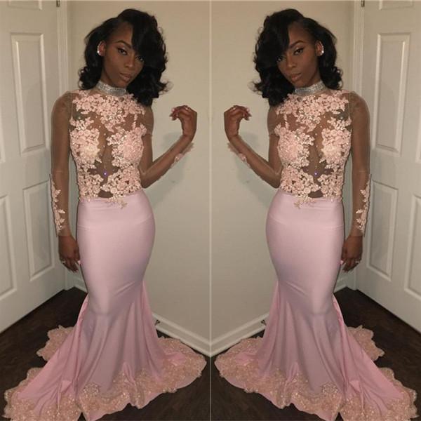Chic Mermaid Pink High-Neck Prom Dresses Long Sleeves Appliques Evening Gowns with Beadings