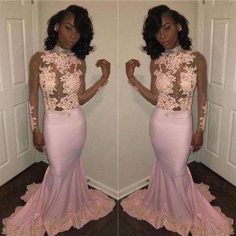 Chic Mermaid Pink High-Neck Prom Dresses Long Sleeves Appliques Evening Gowns with Beadings
