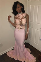 Chic Mermaid Pink High-Neck Prom Dresses Long Sleeves Appliques Evening Gowns with Beadings