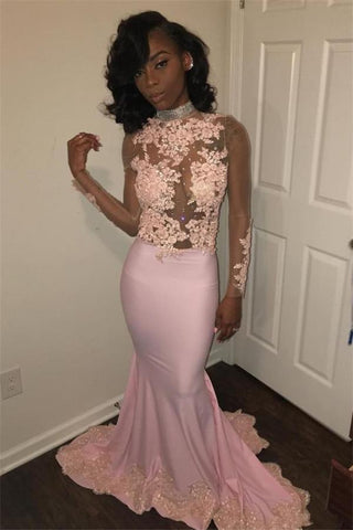 Chic Mermaid Pink High-Neck Prom Dresses Long Sleeves Appliques Evening Gowns with Beadings