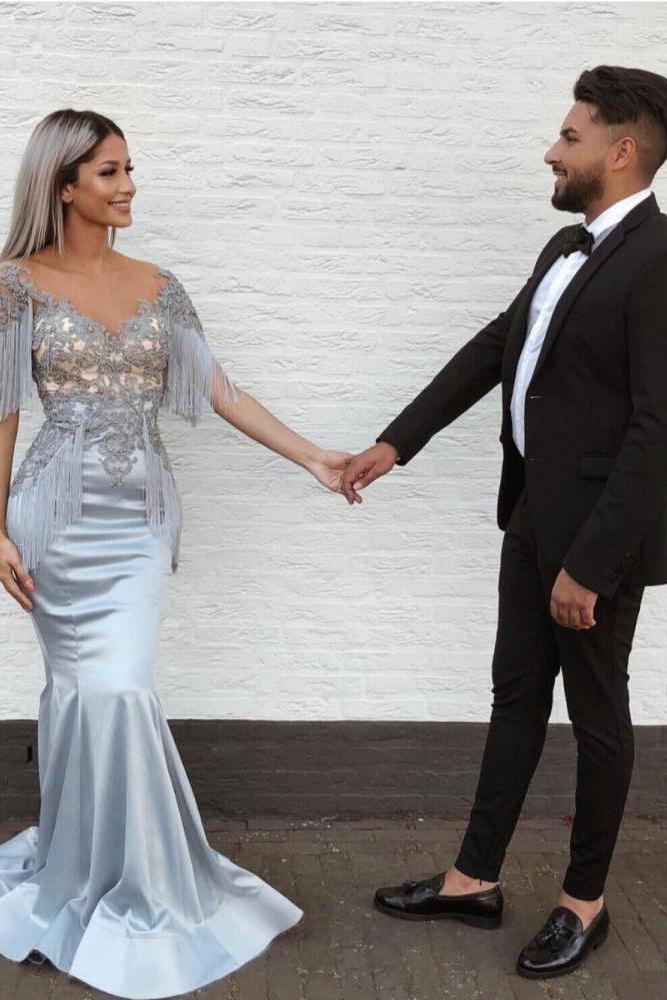 Chic Mermaid Sky Blue Evening Gowns V-Neck Prom Dresses with Tassels