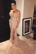 Chic Mermaid Sleeveless Stunning Sequins Sweetheart Side Split Prom Dresses