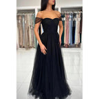 Robe de bal longue en tulle noir, chic et moderne, coupe trapèze, bretelles dénudées 
