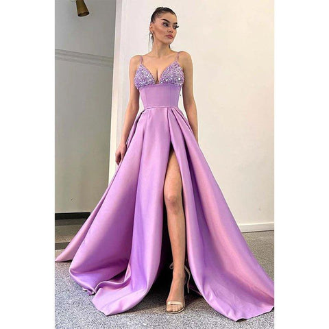 Vestido de noche largo elegante y moderno con escote en V, tirantes de cuentas y corte A 