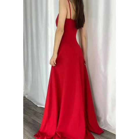 Vestido largo de fiesta elegante y moderno con escote en V, tirantes finos y corte A 