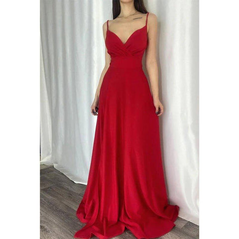 Vestido largo de fiesta elegante y moderno con escote en V, tirantes finos y corte A 