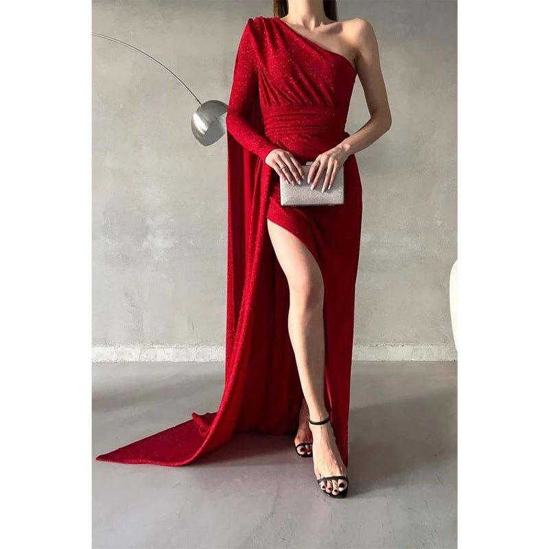 Robe de bal longue plissée à une épaule et paillettes chic et moderne avec traîne 