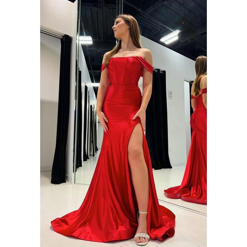 Robe de soirée sirène en satin chic et moderne à épaules dénudées et manches courtes