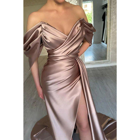 Chic & Modern Off-shoulder Pleats Satin Long Prom Dress Evening Gown