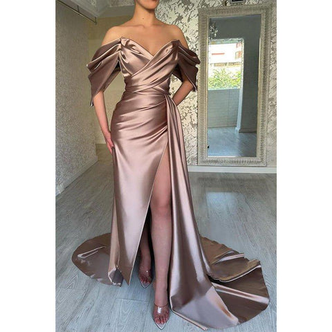 Chic & Modern Off-shoulder Pleats Satin Long Prom Dress Evening Gown