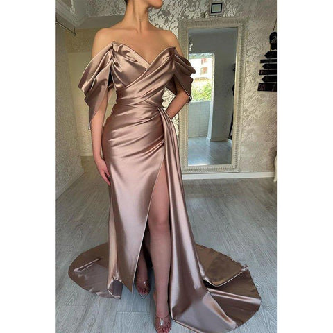 Chic & Modern Off-shoulder Pleats Satin Long Prom Dress Evening Gown