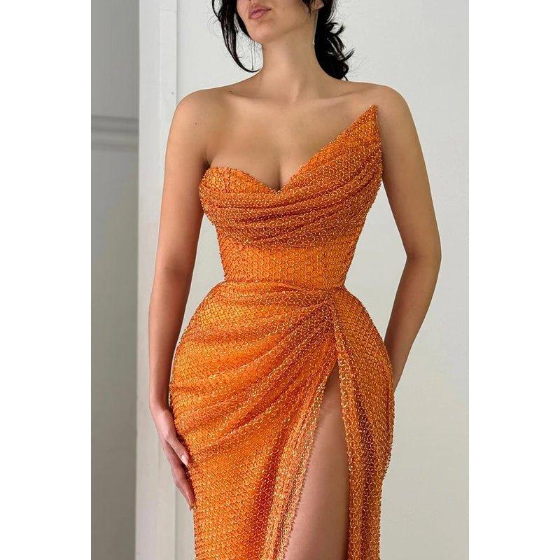 Vestido de fiesta de noche elegante y moderno, sin tirantes, fruncido y con abertura lateral, para graduación