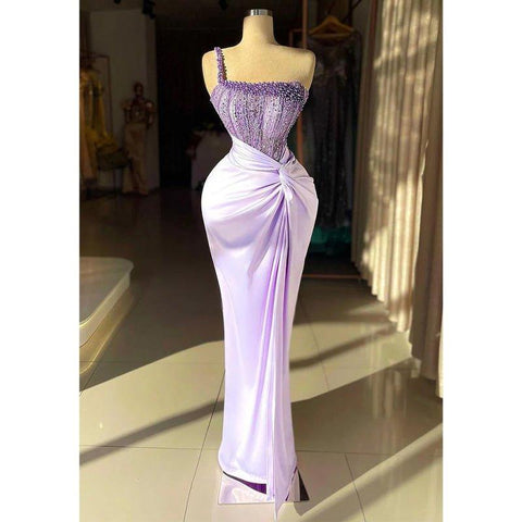 Chic & Modern One Shoulder Beaded Illusion Lilac Pleats Satin Prom Dress