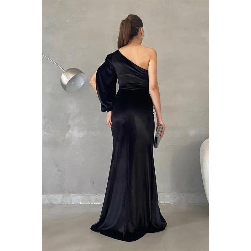 Vestido de noche elegante y moderno con un solo hombro y mangas largas para fiesta de graduación 