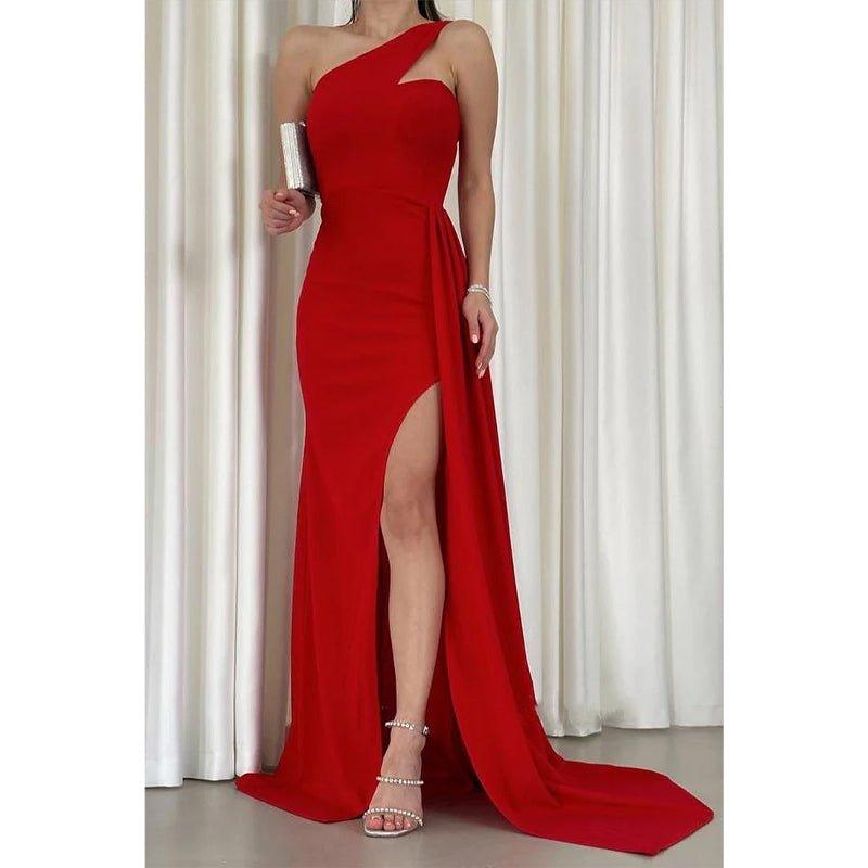 Vestido de fiesta largo rojo con un hombro al descubierto, elegante y moderno 