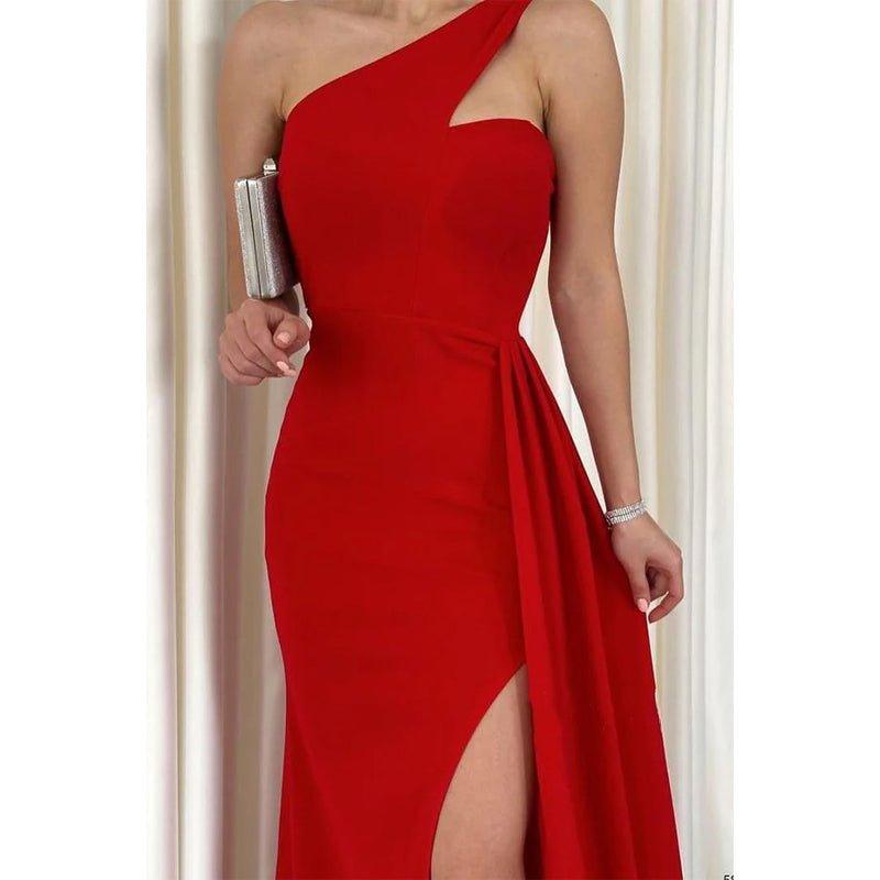 Vestido de fiesta largo rojo con un hombro al descubierto, elegante y moderno 