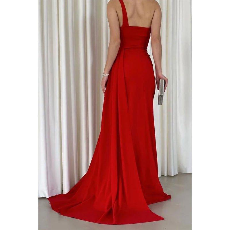Vestido de fiesta largo rojo con un hombro al descubierto, elegante y moderno 