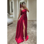 Chic & Modern Satin Straps Pleats Long Prom Dress Evening Dress with Slit