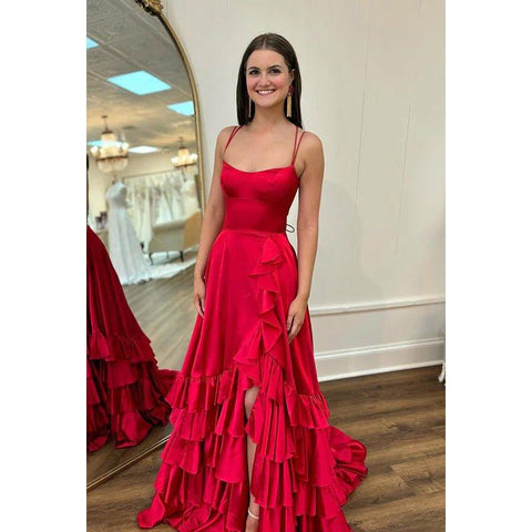 Robe de bal de fin d'année chic et moderne à bretelles spaghetti croisées, coupe trapèze, fente carrée