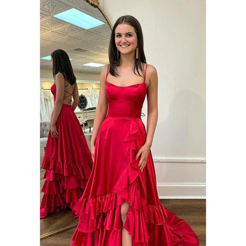 Robe de bal de fin d'année chic et moderne à bretelles spaghetti croisées, coupe trapèze, fente carrée