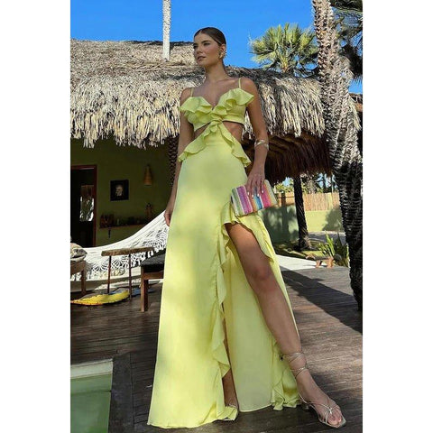 Robe de soirée chic et moderne à bretelles spaghetti, col en V, coupe trapèze, dos nu