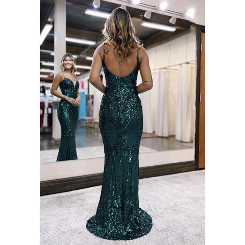 Robe de soirée scintillante à bretelles spaghetti et col en V, chic et moderne