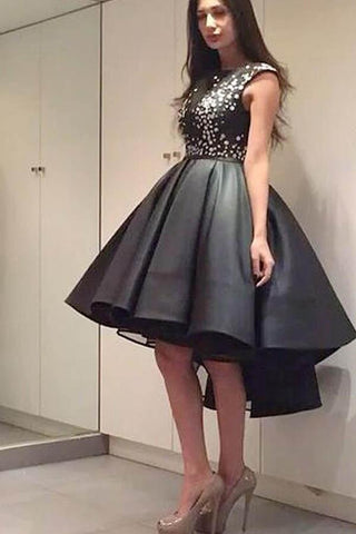 Elegante vestido de fiesta negro de organza con corte asimétrico, moderno y brillante, con cuentas, modelo PG178