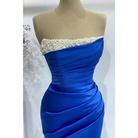 Robe de soirée longue bleue à perles, chic et moderne, sans bretelles 