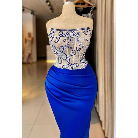 Robe de soirée chic et moderne sans bretelles en satin illusion perlé plissé 