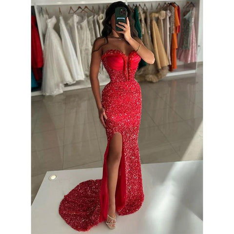 Robe longue de soirée rouge à perles, chic et moderne, sans bretelles, longueur au sol 