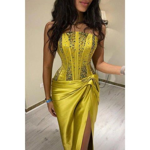 Robe de soirée longue plissée jaune à perles, chic et moderne, sans bretelles 