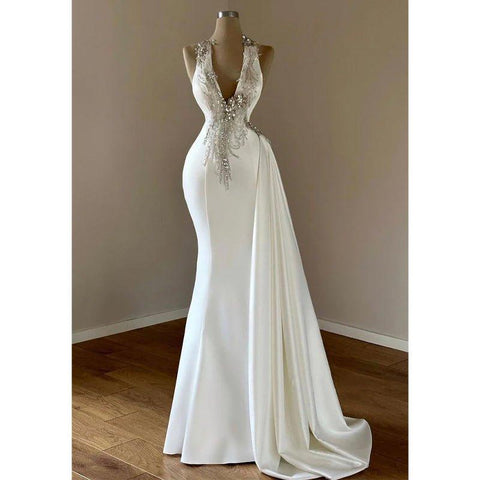 Robe de soirée longue à col en V, chic et moderne, ornée de perles 