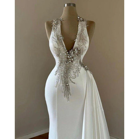 Robe de soirée longue à col en V, chic et moderne, ornée de perles 